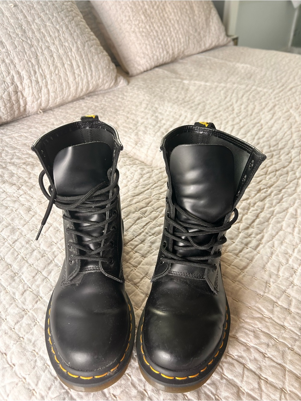 Dr. Martens Black Leather Lace-Up Boots with Yellow Welt Stitching